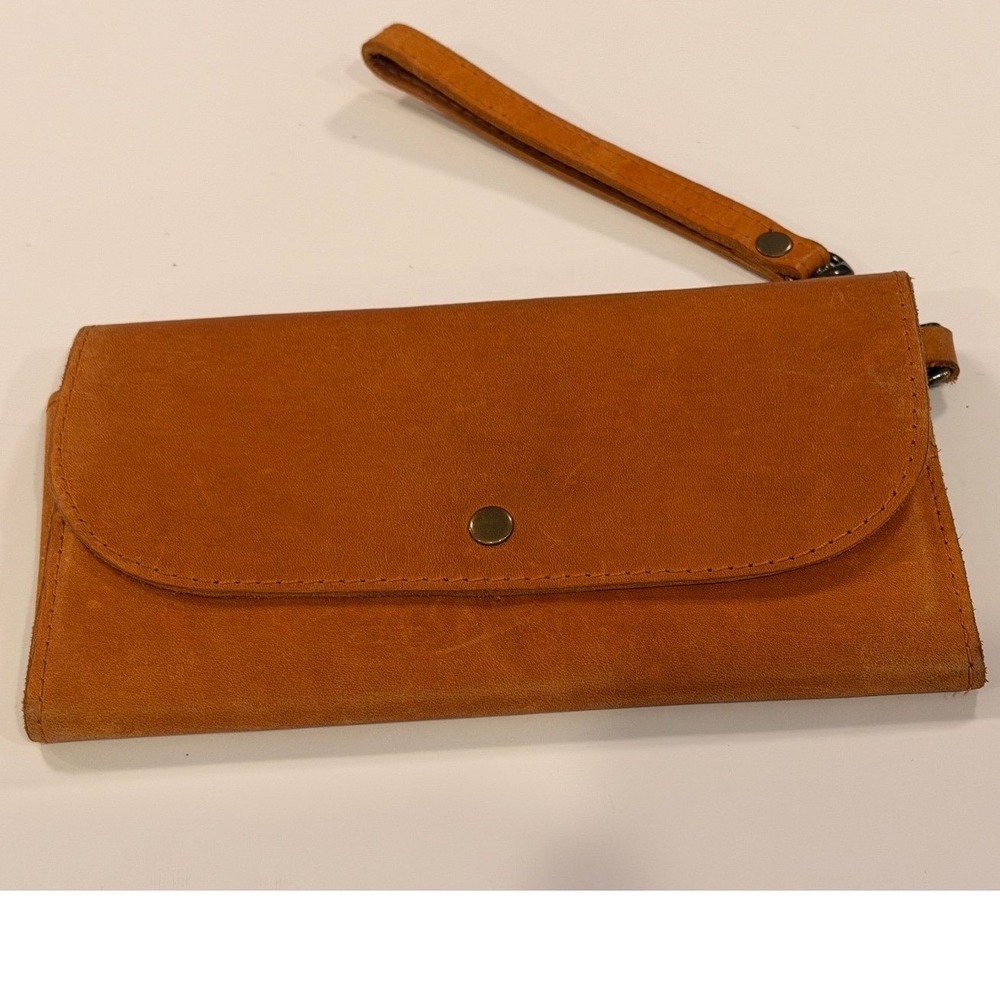 ABLE Cognac Leather Wristlet Wallet Snap Closure‎ Clutch Brown